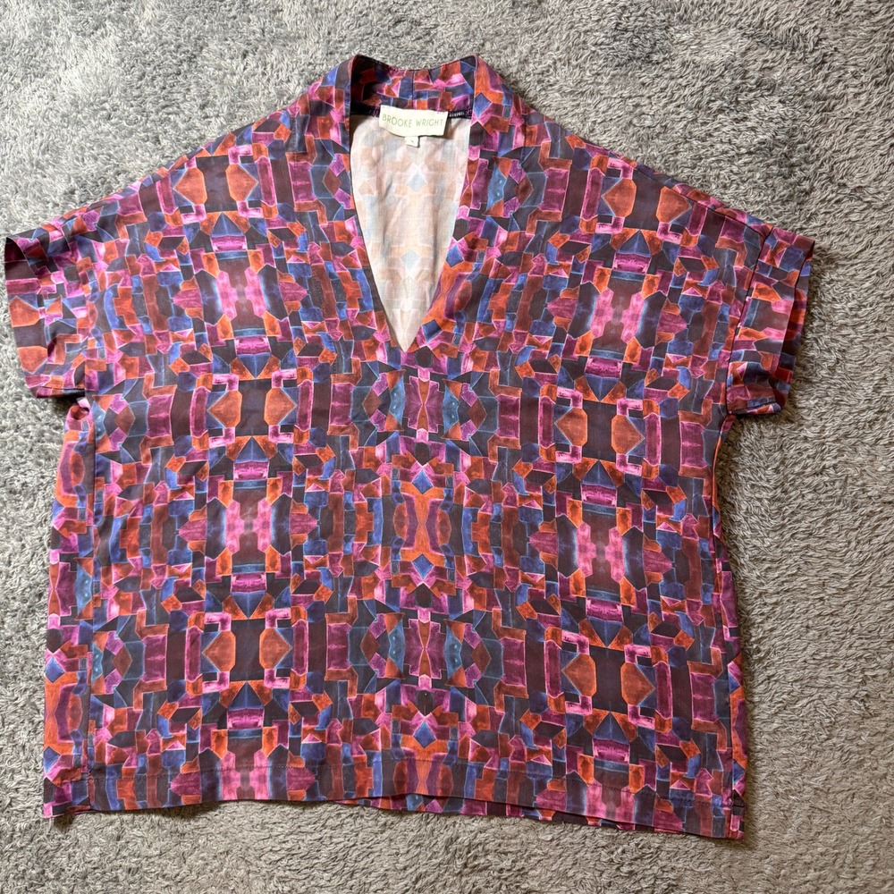 Brooke Wright Women Geometric V Neck Top OS Multicolor Tencel Rayon USA Made